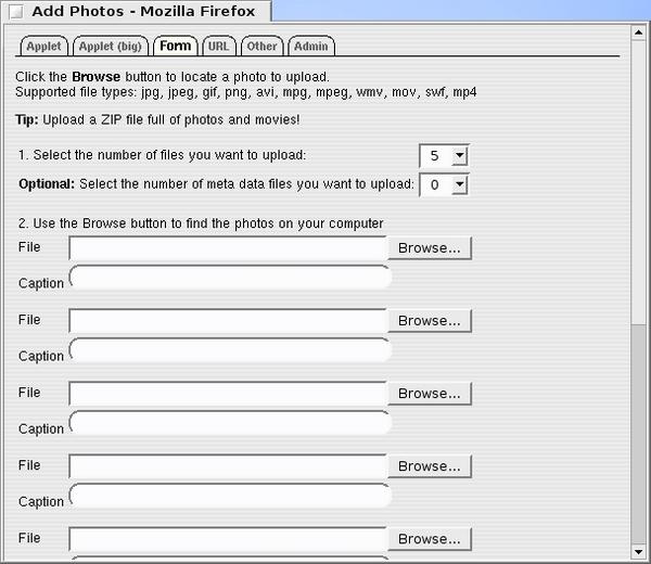 Use a form to upload up to 10 photos at each time with and optional file containing descriptions.