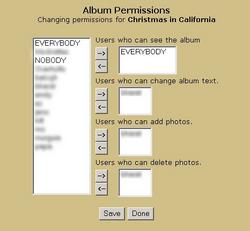 This is the album permissions dialog. In the left box is a list of users (the names are blurred to protect the innocent). There